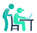 Cartoon of someone being helped at a computer